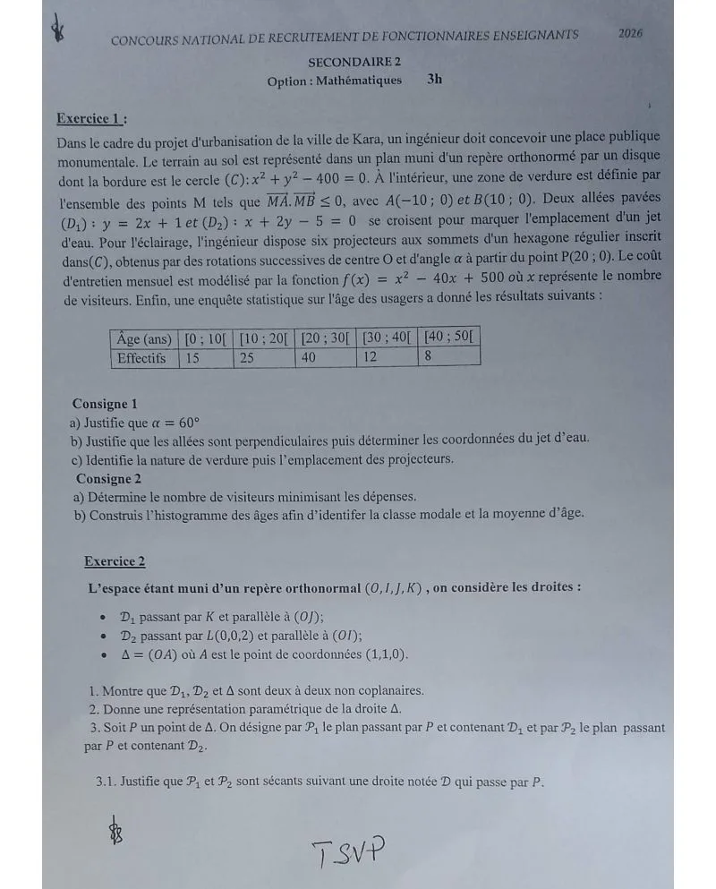 CNRFE 2026 OPTION MATHÉMATIQUES SECONDAIRE 2