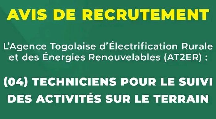 AT2ER recrute 4 techniciens pour le suivi des activités d’électrification rurale au Togo
