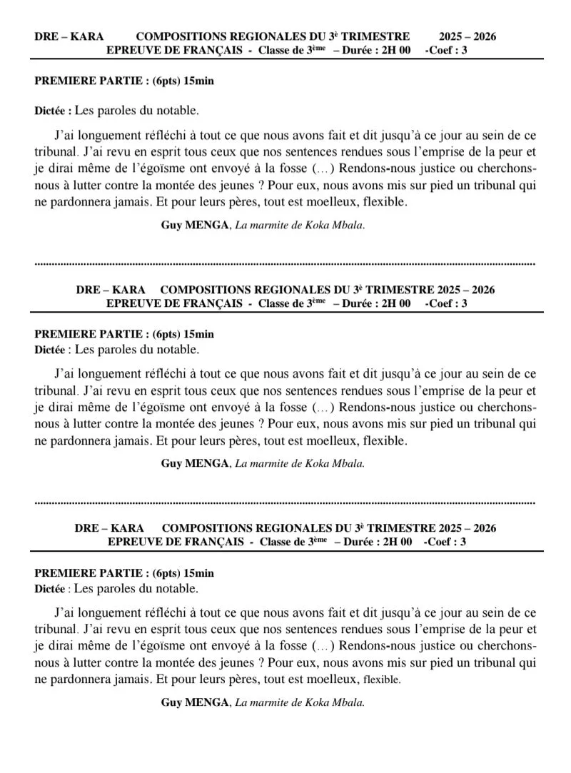 ÉPREUVES DE FRANÇAIS 3E TRIMESTRE 2026 DRE KARA 6E EN 3E