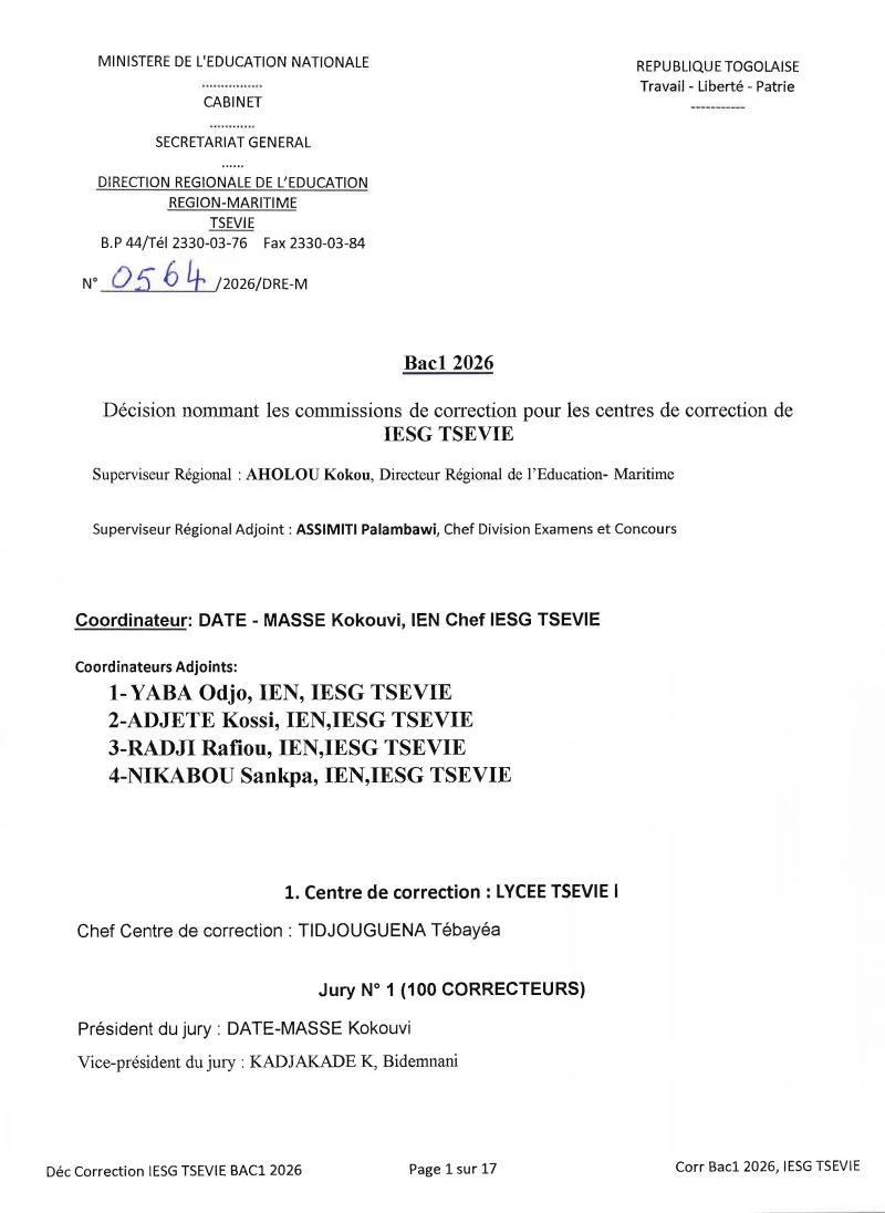LISTE DES CORRECTEURS BAC1 2026 IESG- TSEVIE