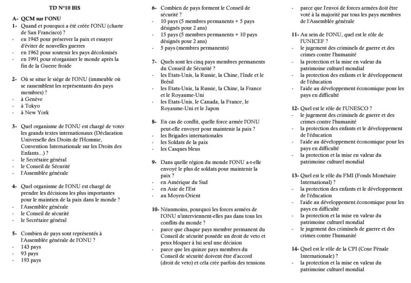 QCM HG TERMINALE QUESTION RÉPONSE