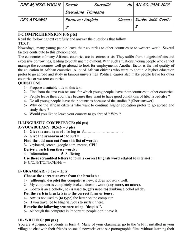 DEVOIR SURVEILLE 2T VOGAN ANGLAIS