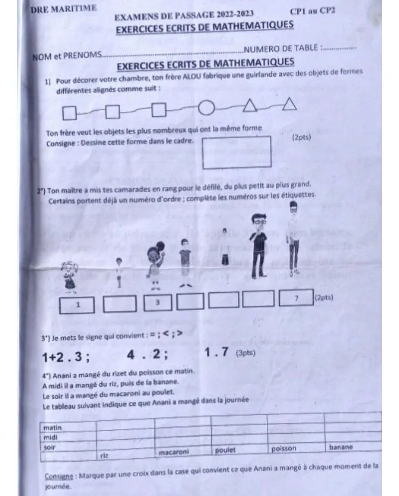 ÉPREUVES EXAMEN DE PASSAGE CP AU CM