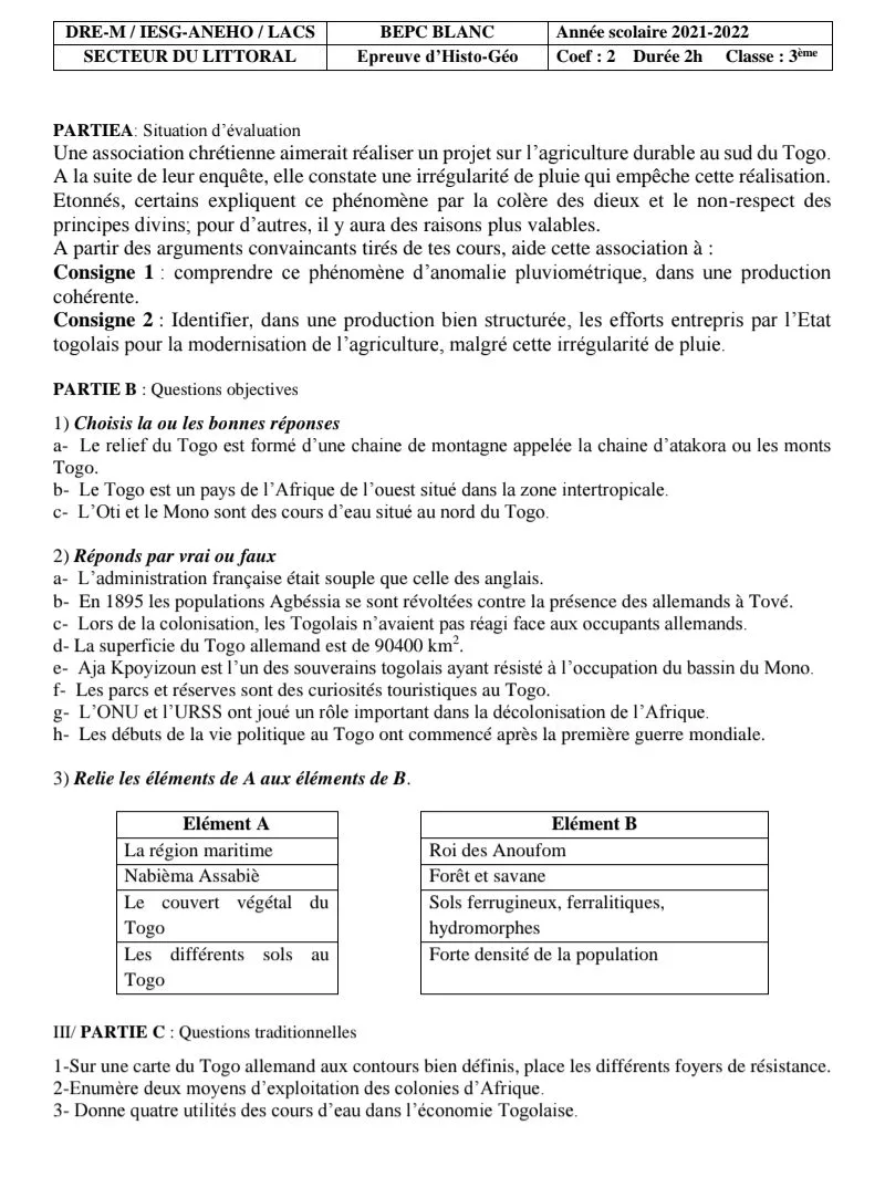 SUJETS DE RÉVISION HG 3E