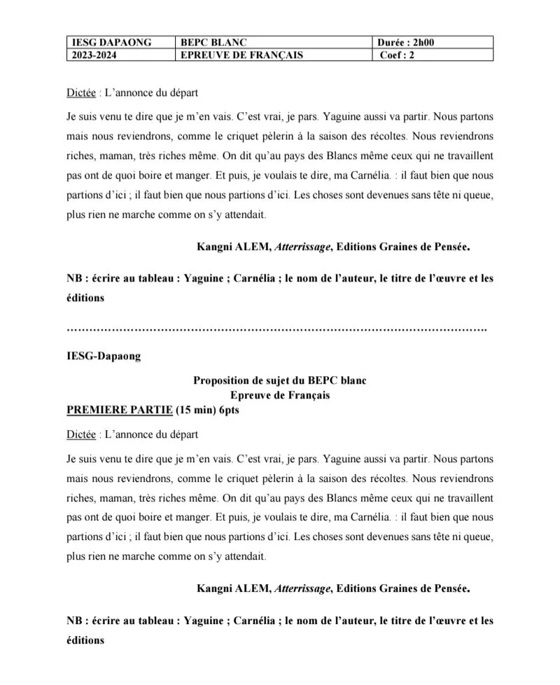 BEPC BLANC IESG DAPAONG FR SUJET CORRIGÉ 2024