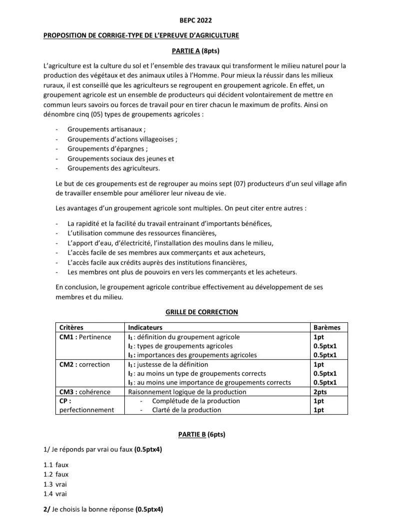 CORRIGÉ TYPE AGRI BEPC 2022 à 2025