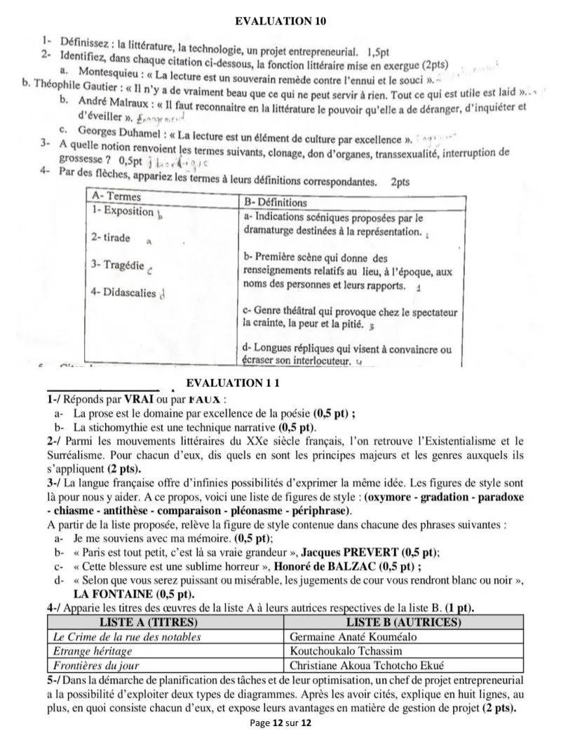 ÉPREUVE DE FRANCAIS TLE A RÉVISION