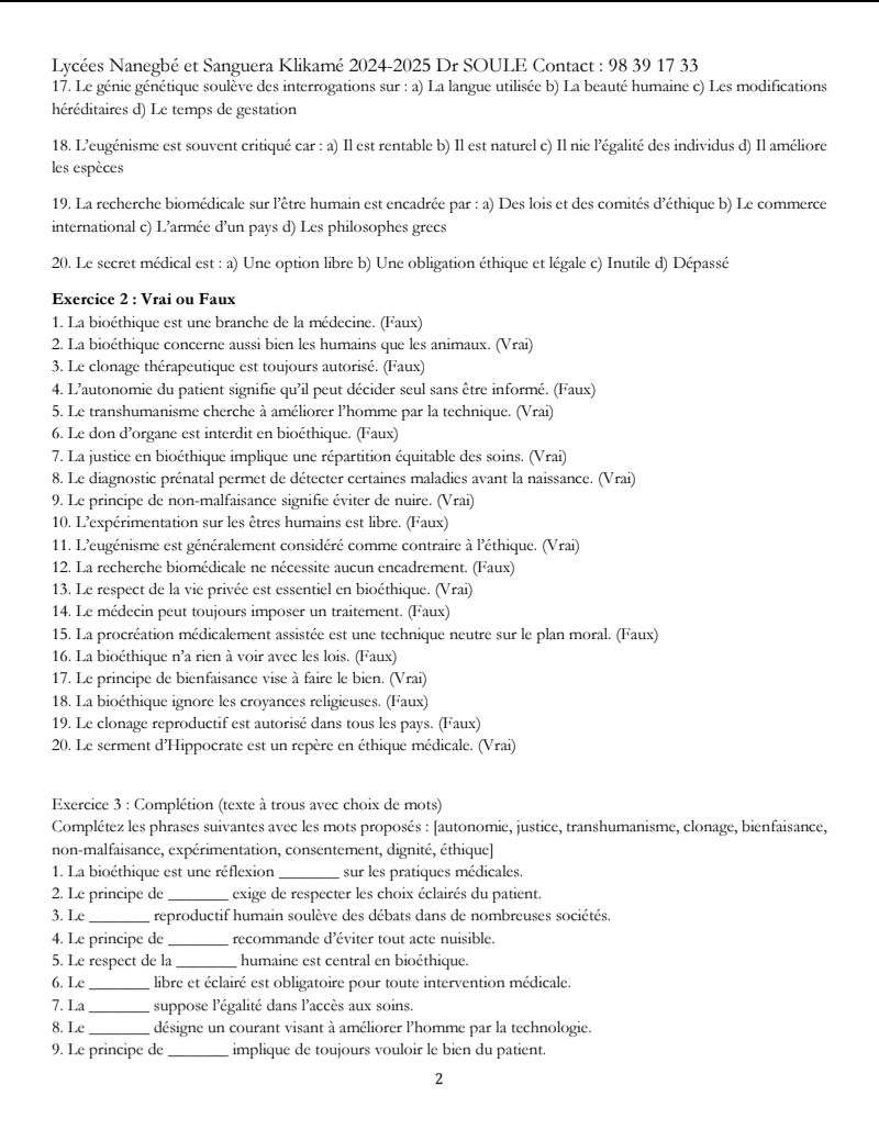 PHILO QUESTIONNAIRE SUR LA  BIOÉTHIQUES TLE