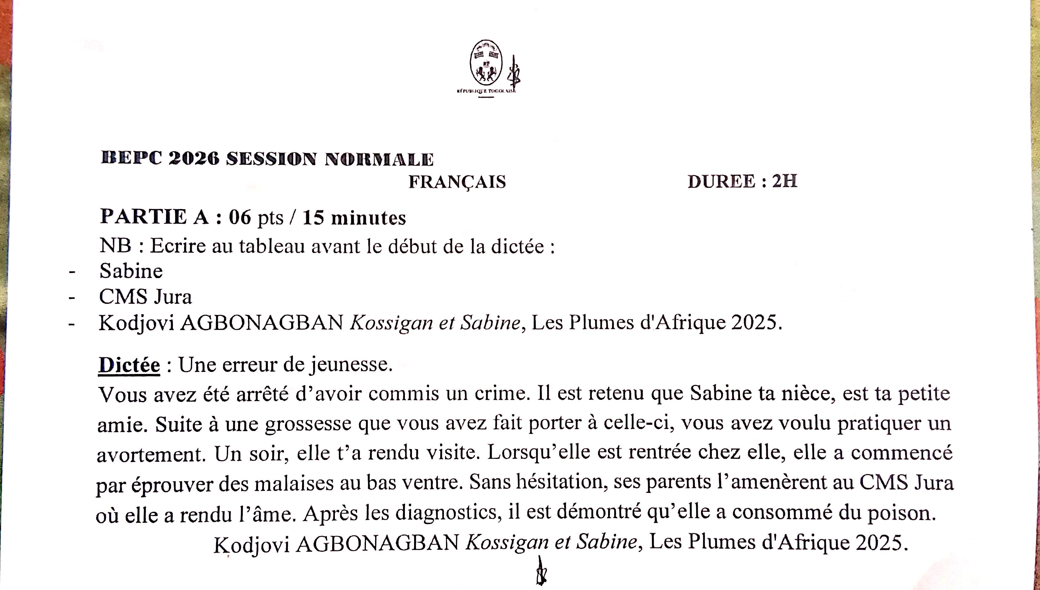 FRANÇAIS BEPC 2026