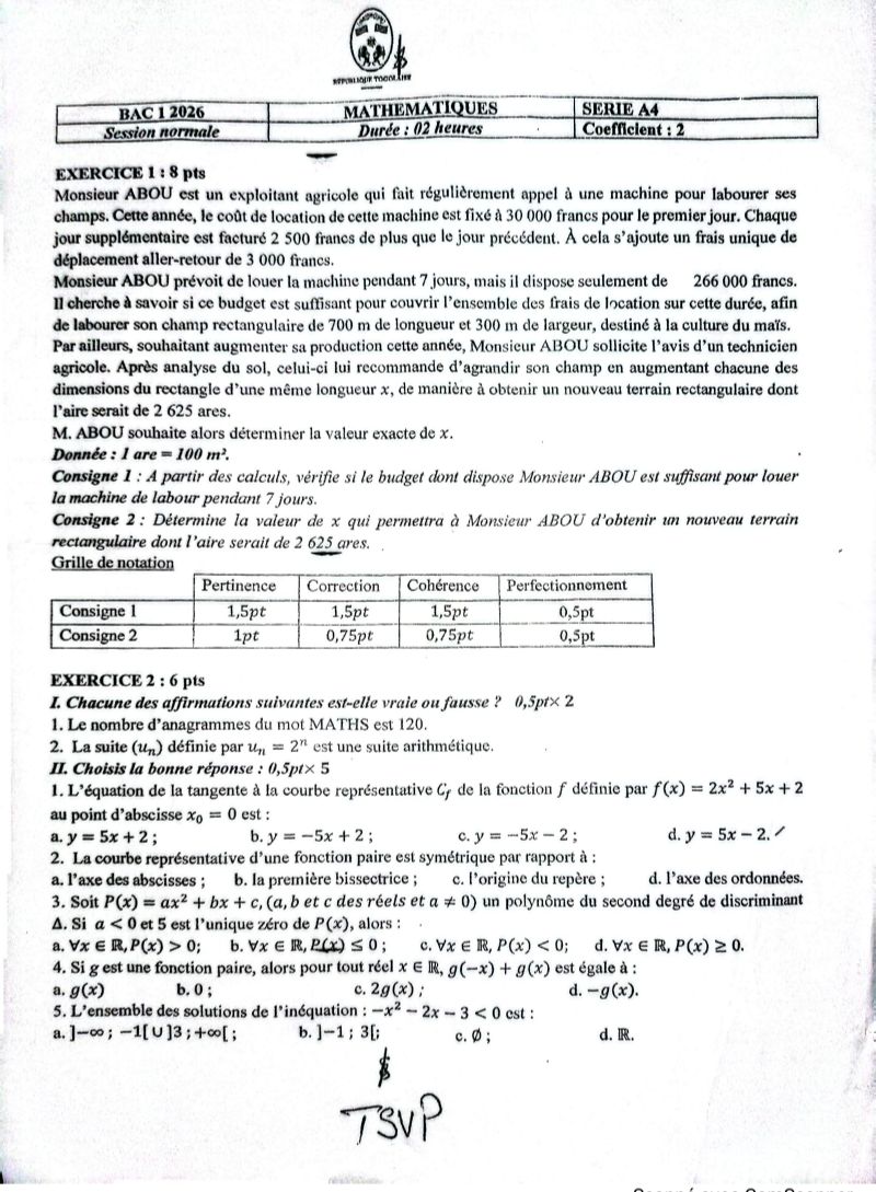 SUJET CORRIGÉ MATHS A4 BAC1 2026