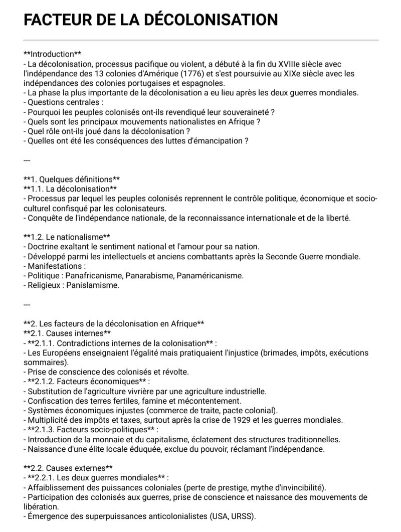 RÉSUMÉ FACTEURS DE LA DÉCOLONISATION