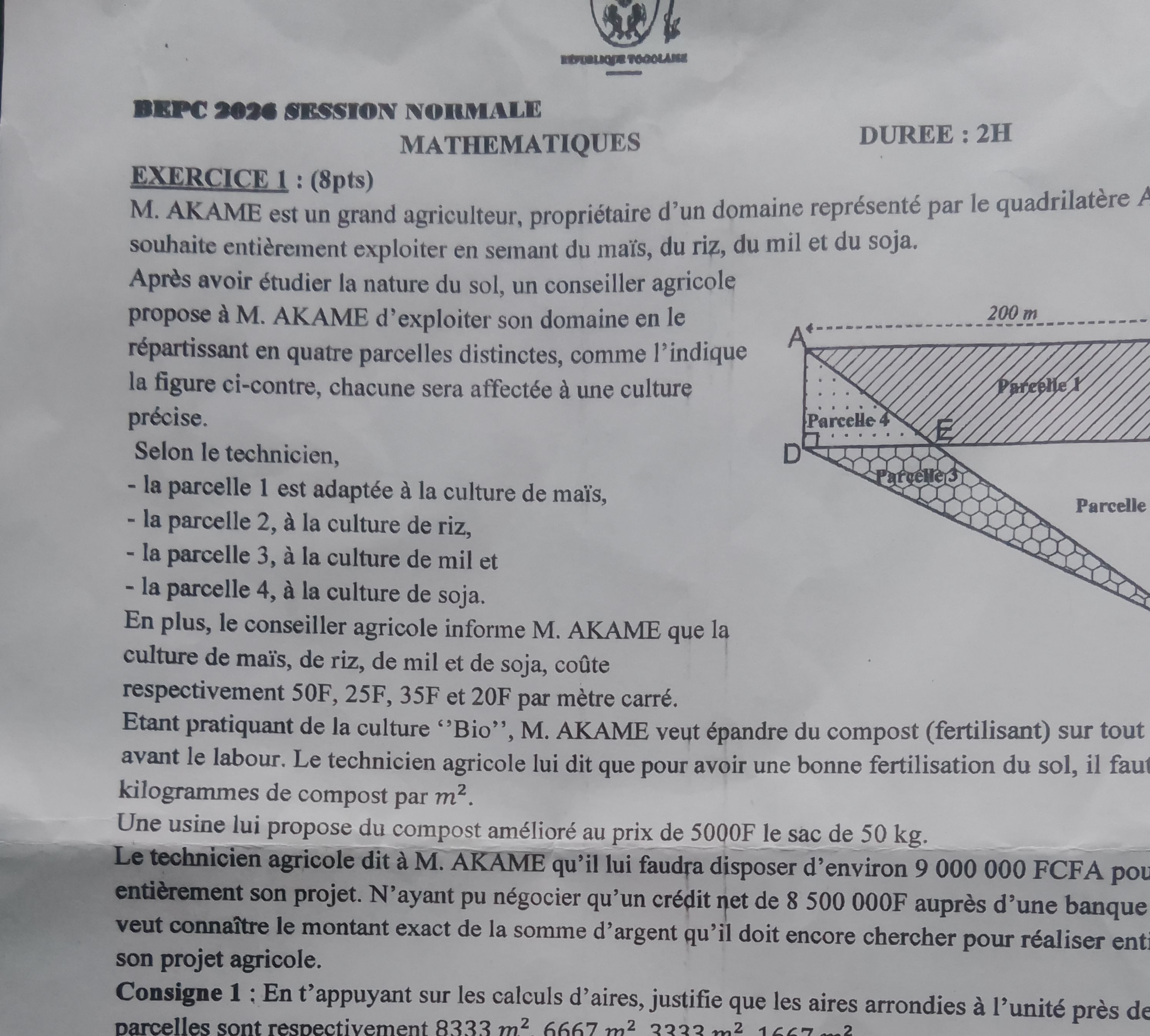 BEPC 2026 ÉPREUVE DE MATHS