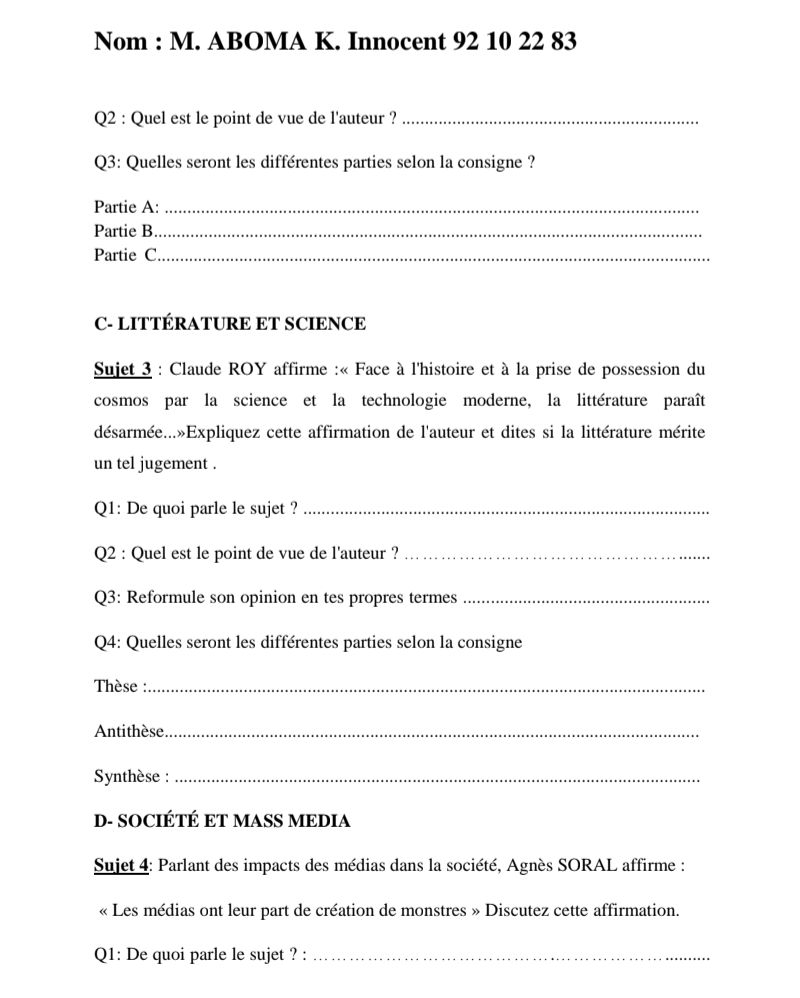 FICHE DE RÉVISION FRANCAIS TLE