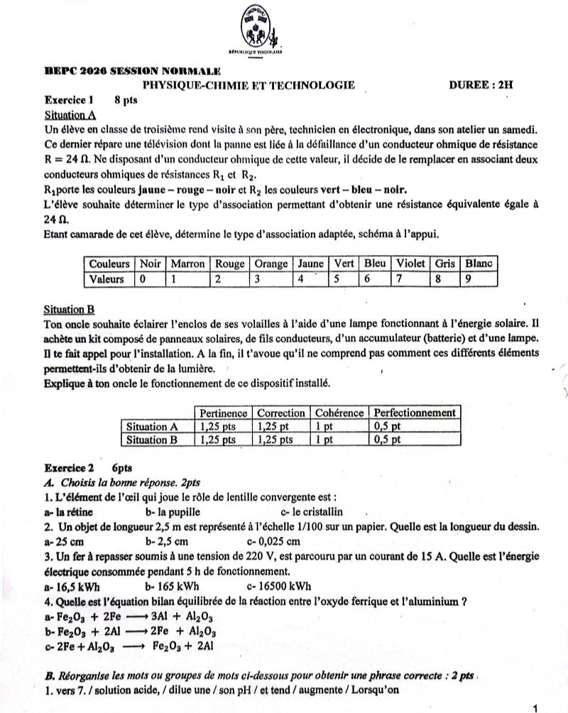 BEPC 2026 TOUTES LES ÉPREUVES