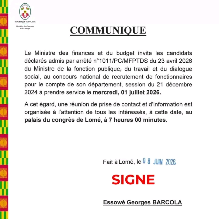 Concours Fonction Publique Togo 2026 : Prise de service imminente au Ministère des Finances